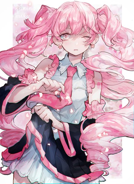 Anime picture 772x1057 with vocaloid hatsune miku sakura miku makoto (roketto-massyumaro) single long hair tall image looking at viewer twintails pink hair one eye closed pink eyes character names drill hair girl detached sleeves earrings necktie