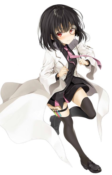 Anime picture 784x1224 with sentouin hakenshimasu! j.c. staff black lilith (sentouin hakenshimasu!) kakao rantan single tall image blush short hair black hair simple background red eyes standing white background full body from above official art standing on one leg novel illustration girl thighhighs