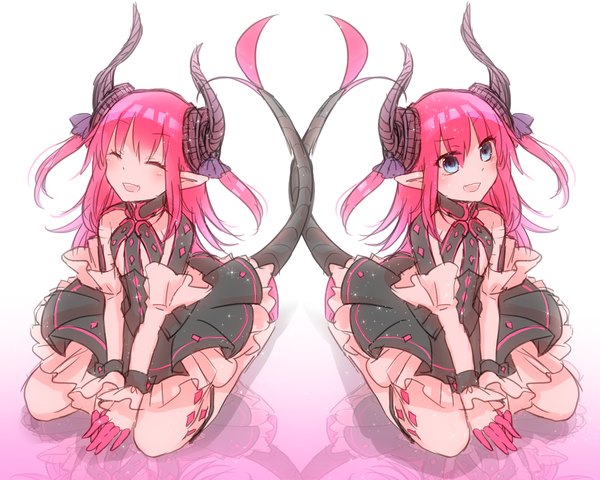 Anime picture 1280x1024 with fate (series) fate/extra type-moon elizabeth bathory (fate) (all) elizabeth bathory (fate) suzaku (syoko975) long hair blush fringe blue eyes simple background smile sitting multiple girls looking away pink hair tail eyes closed horn (horns) from above