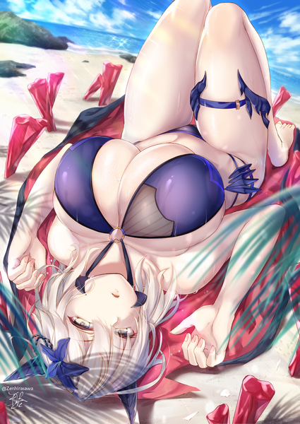 Anime picture 1655x2337 with fate (series) fate/grand order artoria pendragon (all) artoria pendragon (lancer alter) hirasawa seiji single tall image looking at viewer fringe short hair breasts open mouth light erotic blonde hair hair between eyes bare shoulders signed yellow eyes sky cleavage