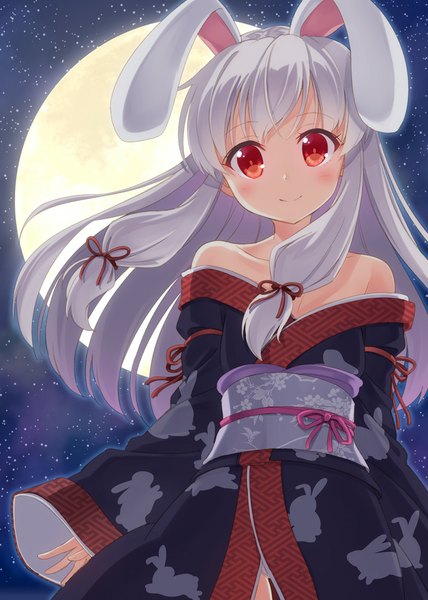 Anime picture 800x1122 with original hyuuga azuri single long hair tall image looking at viewer blush smile red eyes bare shoulders animal ears white hair traditional clothes japanese clothes bunny ears animal print tress ribbon bunny print girl ribbon (ribbons)