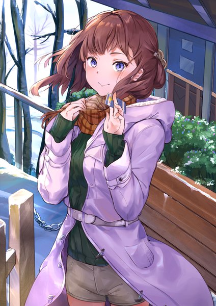 Anime picture 1190x1684 with original mosta (lo1777789) single tall image looking at viewer blush fringe short hair blue eyes smile brown hair standing holding outdoors long sleeves wind open clothes arms up sleeves past wrists winter