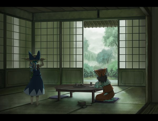 Anime picture 3839x2934 with touhou hakurei reimu cirno sasaj long hair highres short hair brown hair standing sitting multiple girls blue hair absurdres indoors traditional clothes japanese clothes pleated skirt barefoot from behind sunlight
