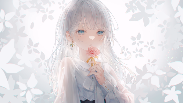 Anime picture 3840x2161 with original nyaon oekaki single long hair looking at viewer fringe highres blue eyes wide image holding absurdres silver hair upper body blunt bangs long sleeves parted lips mole mole under eye floral background girl