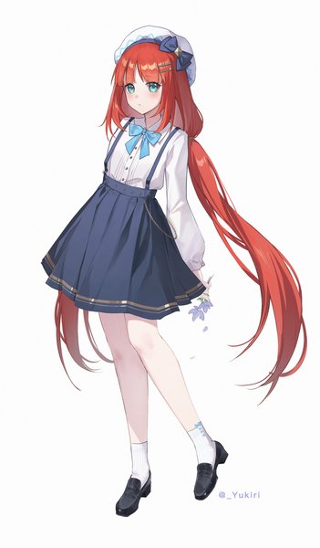 Anime picture 2200x3757 with genshin impact nilou (genshin impact) yukiri (l ii) single tall image looking at viewer blush fringe highres simple background standing white background twintails holding signed full body red hair blunt bangs very long hair pleated skirt