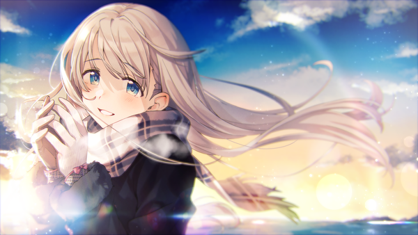 Anime picture 1417x800 with original tomari (veryberry00) single long hair looking at viewer blush fringe blue eyes blonde hair smile wide image sky cloud (clouds) upper body outdoors parted lips wind lens flare morning sunrise