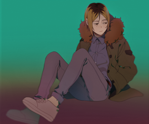Anime picture 1062x885 with haikyuu!! production i.g kozume kenma e7 (runaway162) single short hair blonde hair sitting brown eyes looking away full body multicolored hair open jacket two-tone hair gradient background hands in pockets aqua background boy shirt shoes