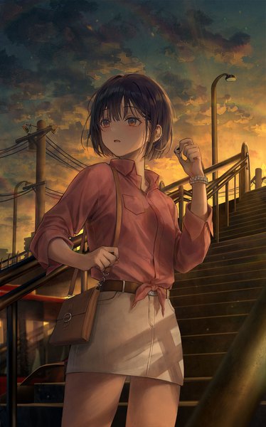 Anime picture 1200x1925 with original r o ha single tall image fringe short hair open mouth hair between eyes standing holding brown eyes looking away sky cloud (clouds) outdoors arm up turning head evening sunset twisty sleeves