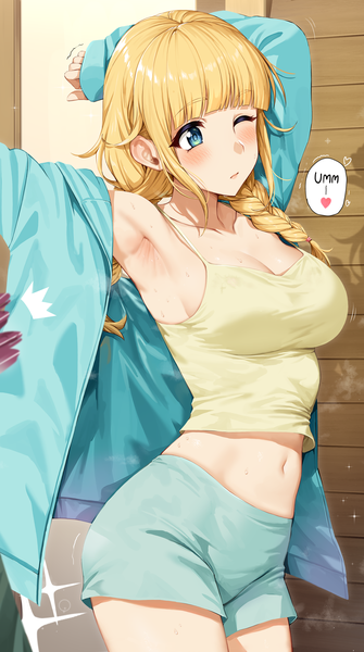 Anime picture 1960x3508 with paripi koumei tsukimi eiko yakimi 27 single long hair tall image blush fringe highres breasts blue eyes light erotic blonde hair large breasts standing payot looking away cleavage indoors blunt bangs
