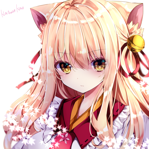 Anime picture 900x900 with original nanase nao single long hair looking at viewer blush fringe simple background blonde hair hair between eyes white background signed animal ears yellow eyes cat ears cat girl text shaded face hair bell girl