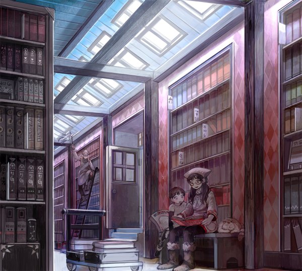 Anime picture 1200x1080 with original sime (echo) long hair short hair open mouth black hair brown hair purple eyes twintails indoors sleeping bald old man girl boy glasses book (books) apron cat cap