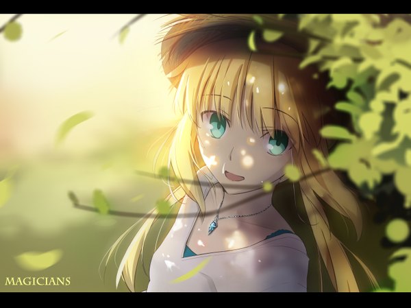 Anime picture 1362x1020 with fate (series) fate/stay night type-moon artoria pendragon (all) saber magicians (zhkahogigzkh) single long hair looking at viewer fringe open mouth blonde hair signed aqua eyes from above wind lens flare watermark girl hat