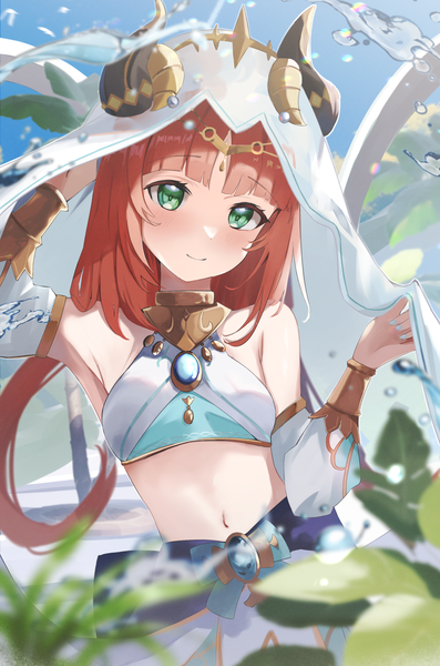 Anime picture 1505x2273 with genshin impact nilou (genshin impact) nohohon neko single long hair tall image blush fringe smile twintails green eyes looking away sky red hair blunt bangs long sleeves horn (horns) armpit (armpits) midriff low twintails
