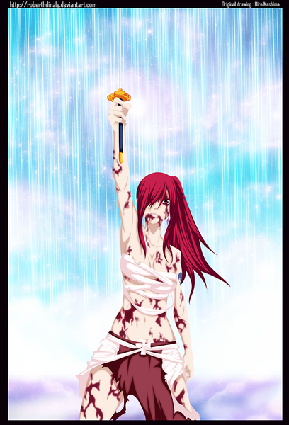 Anime picture 1000x1471 with fairy tail erza scarlet dartroberth single long hair tall image fringe light erotic ponytail red hair pink eyes hair over one eye armpit (armpits) tattoo torn clothes coloring framed girl weapon earrings