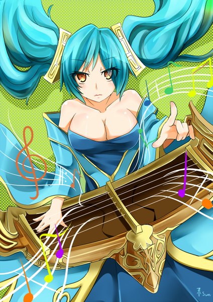 Anime picture 2000x2828 with league of legends sona buvelle otaku (pixiv id4162402) single long hair tall image looking at viewer blush highres breasts light erotic large breasts twintails bare shoulders brown eyes blue hair girl dress detached sleeves harp