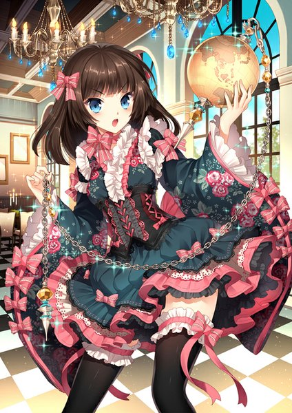 Anime picture 566x800 with original nardack single tall image looking at viewer blush short hair blue eyes black hair checkered floor floor girl thighhighs dress bow black thighhighs hair bow frills chain