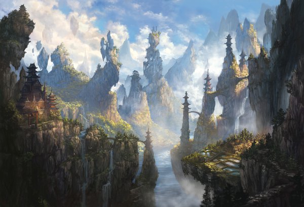 Anime picture 2500x1711 with original alayna danner highres sky cloud (clouds) mountain no people landscape scenic river nature waterfall architecture east asian architecture plant (plants) tree (trees) water torii bridge pagoda