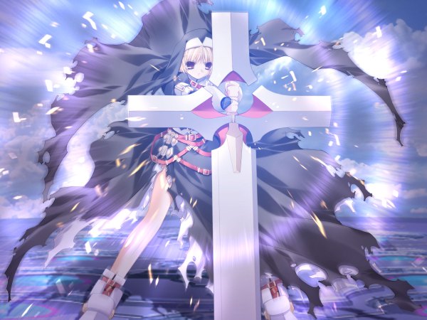 Anime picture 2400x1800 with prism ark ohno tetsuya single fringe highres short hair blonde hair red eyes standing torn clothes nun girl shoes belt cross