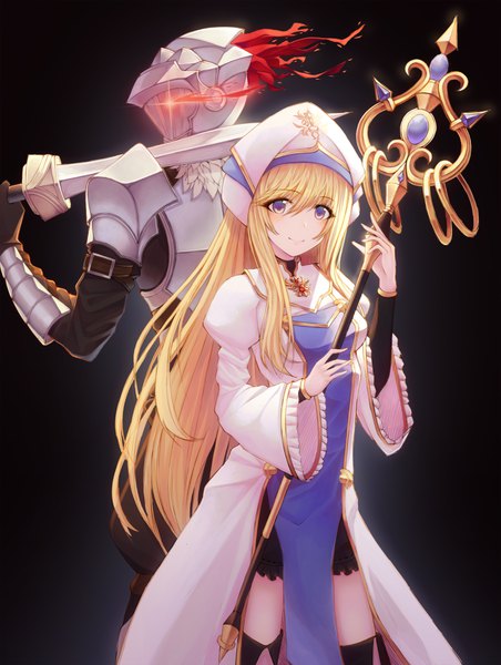 Anime picture 3000x3980 with goblin slayer! white fox goblin slayer priestess (goblin slayer!) roah long hair tall image looking at viewer blush fringe highres breasts blue eyes blonde hair simple background smile hair between eyes standing holding payot