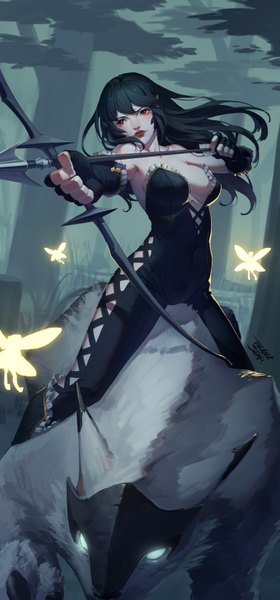 Anime picture 1474x3155 with original daye bie qia lian long hair tall image breasts light erotic black hair red eyes looking away fantasy fairy girl dress gloves weapon animal fingerless gloves black dress bow (weapon)