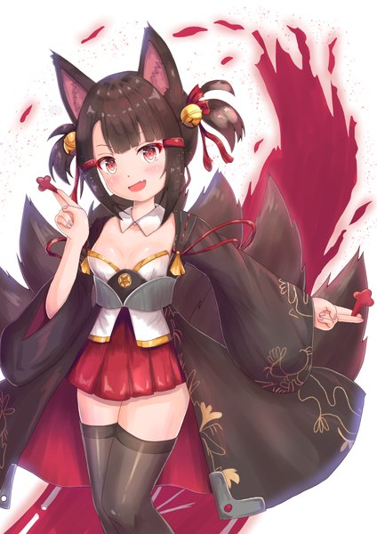 Anime picture 1447x2046 with azur lane akagi-chan (azur lane) cocoasabure single tall image looking at viewer blush fringe short hair open mouth light erotic black hair smile red eyes holding animal ears payot tail blunt bangs traditional clothes