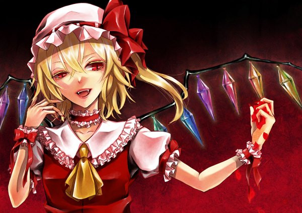 Anime picture 1200x848 with touhou flandre scarlet kurosaki saori single short hair open mouth blonde hair red eyes teeth fang (fangs) vampire girl dress bow hair bow petals wings frills crystal