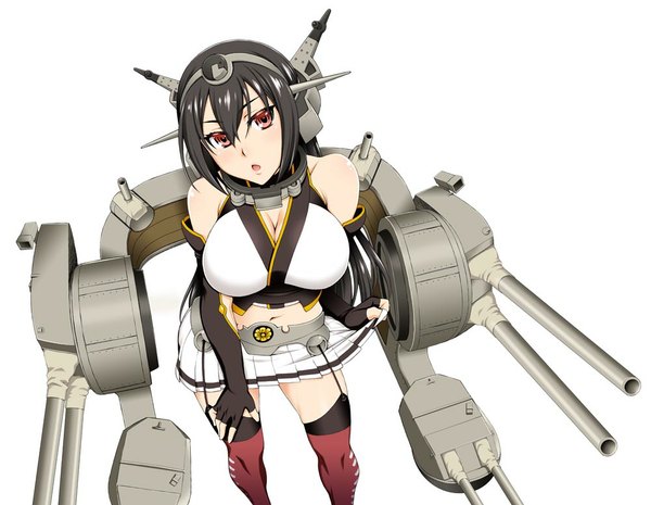 Anime picture 1000x776 with kantai collection nagato battleship unagimaru single long hair looking at viewer blush breasts open mouth light erotic black hair simple background red eyes large breasts white background bare shoulders girl thighhighs skirt gloves