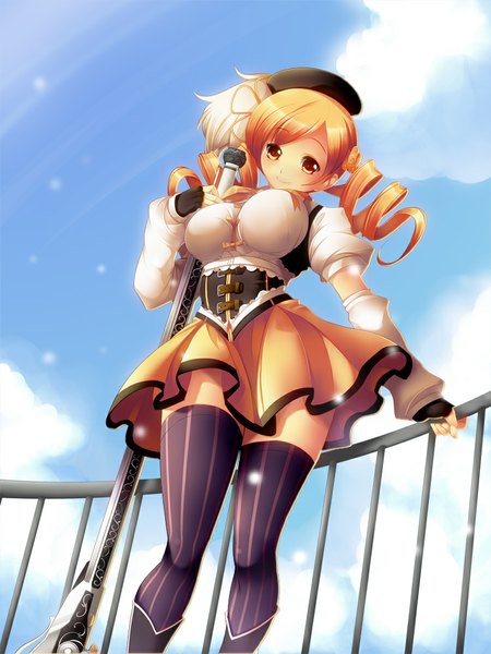 Anime picture 750x1000 with mahou shoujo madoka magica shaft (studio) tomoe mami koflif long hair tall image blonde hair brown eyes sky cloud (clouds) drill hair girl thighhighs dress skirt weapon detached sleeves fingerless gloves gun beret