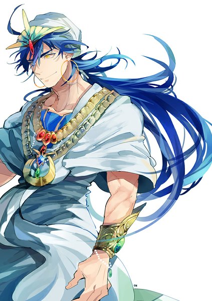 Anime picture 600x850 with magi the labyrinth of magic a-1 pictures sinbad (magi) funpjinju single long hair tall image simple background smile white background yellow eyes blue hair looking away ahoge traditional clothes muscle boy earrings bracelet jewelry