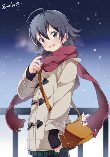 Anime picture 831x1181 with original umiko (munemiu) single tall image looking at viewer blush short hair open mouth black hair signed ahoge black eyes twitter username snowing winter snow exhalation girl hair ornament pantyhose