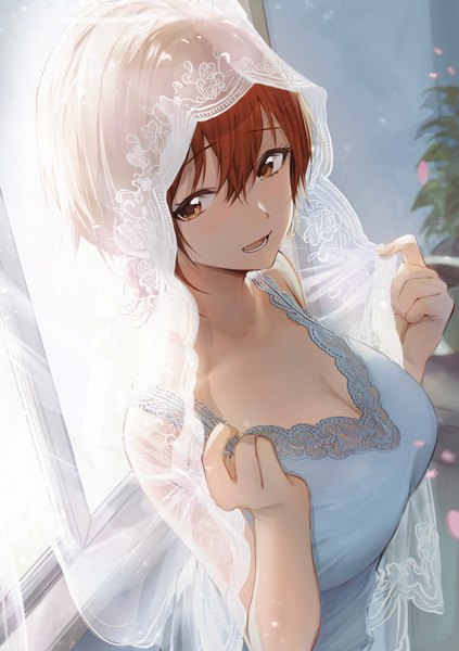 Anime picture 2496x3539 with original nagi (akito) ayubee single tall image blush fringe highres short hair breasts open mouth hair between eyes brown hair standing brown eyes looking away cleavage upper body indoors teeth