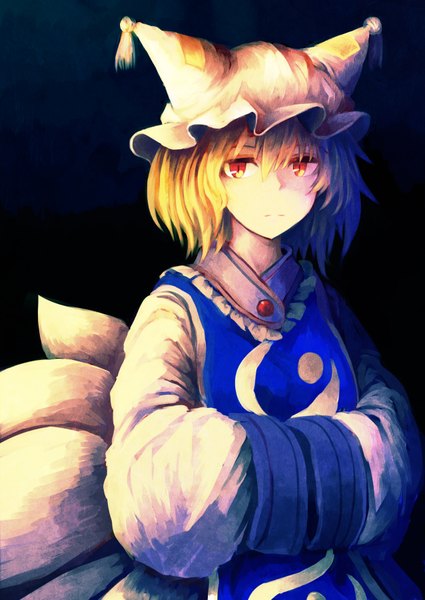 Anime picture 638x900 with touhou yakumo ran akaiha (akaihagusk) single tall image looking at viewer short hair blonde hair hair between eyes animal ears tail traditional clothes animal tail wide sleeves shadow orange eyes gradient background fox tail fake animal ears multiple tails