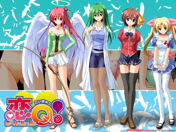 Anime picture 1280x960 with koi q! galge.com light erotic wallpaper zettai ryouiki girl thighhighs uniform school uniform wings