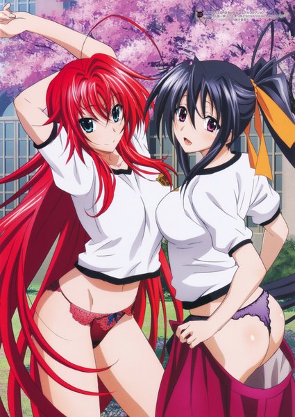Anime picture 7426x10492 with highschool dxd rias gremory himejima akeno miyama zero long hair tall image looking at viewer highres open mouth blue eyes light erotic black hair smile purple eyes multiple girls absurdres ponytail red hair scan official art