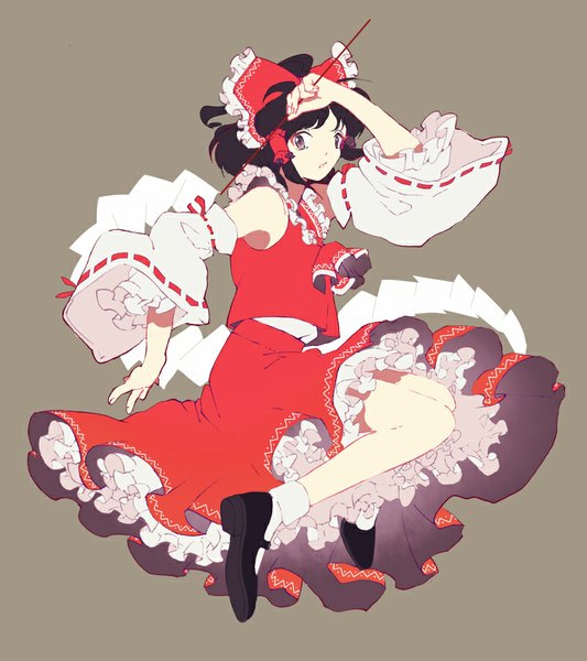 Anime picture 800x900 with touhou hakurei reimu okomeuma single tall image looking at viewer short hair black hair simple background ponytail traditional clothes japanese clothes black eyes grey background miko jumping girl skirt bow hair bow