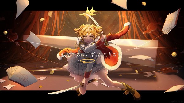 Anime picture 4301x2419 with shoujo kageki revue starlight kinema citrus daiba nana arsum0731 single looking at viewer highres short hair wide image holding yellow eyes absurdres orange hair two side up text letterboxed fighting stance dual wielding girl weapon