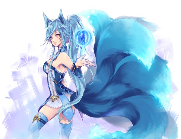 Anime-Bild 1300x1000 mit league of legends ahri (league of legends) kakip (pixiv id5488229) single long hair looking at viewer breasts light erotic bare shoulders animal ears yellow eyes blue hair ponytail tail braid (braids) animal tail alternate costume fox ears twin braids facial mark