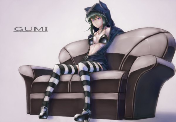 Anime picture 1440x1000 with vocaloid gumi mstm single long hair looking at viewer light erotic black hair sitting purple eyes girl thighhighs hood striped thighhighs couch bikini top