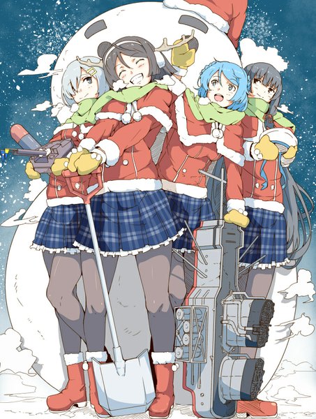 Anime picture 684x906 with kantai collection hamakaze destroyer isokaze destroyer urakaze destroyer tanikaze destroyer ninimo nimo long hair tall image fringe short hair open mouth black hair smile standing multiple girls blue hair looking away horn (horns) grey hair black eyes