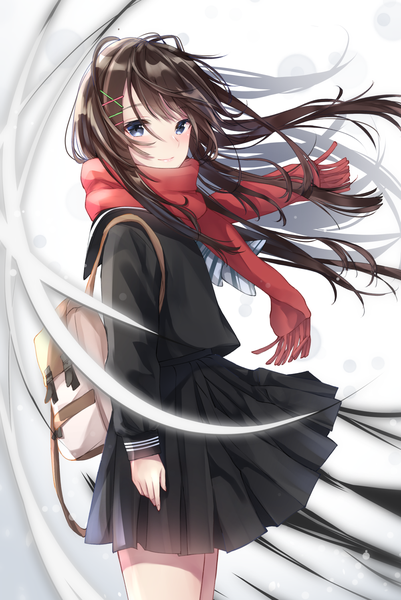 Anime picture 1001x1497 with original sakippo (sakippo0) single long hair tall image looking at viewer blush fringe blue eyes simple background hair between eyes brown hair standing white background long sleeves pleated skirt light smile wind girl skirt