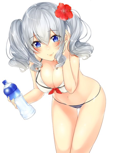 Anime picture 900x1200 with kantai collection kashima training cruiser nezumidoshi single long hair tall image looking at viewer blush fringe breasts blue eyes light erotic simple background smile hair between eyes large breasts standing white background twintails holding