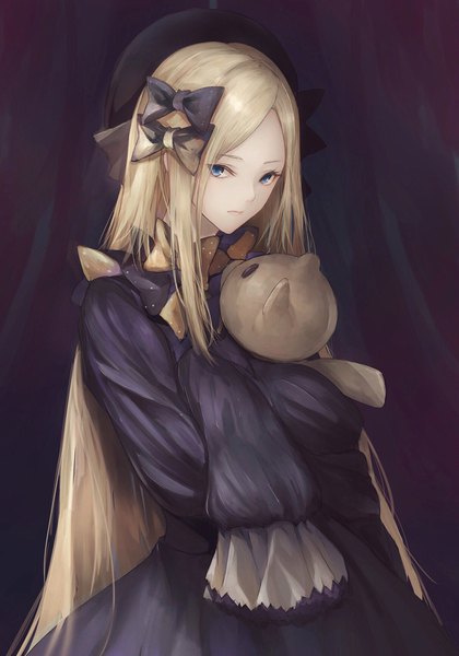 Anime picture 1215x1737 with fate (series) fate/grand order abigail williams (fate) marumoru single long hair tall image looking at viewer blue eyes simple background blonde hair standing upper body long sleeves black background girl dress bow hair bow hat
