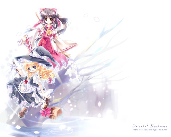 Anime picture 1280x1024 with touhou hakurei reimu kirisame marisa tagme (artist) miko witch girl detached sleeves witch hat broom