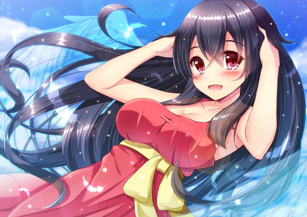 Anime picture 1554x1100 with original tsurui-chan akine (kuroyuri) single long hair looking at viewer blush fringe breasts open mouth black hair hair between eyes red eyes large breasts sky cleavage cloud (clouds) angel wings hands on head girl
