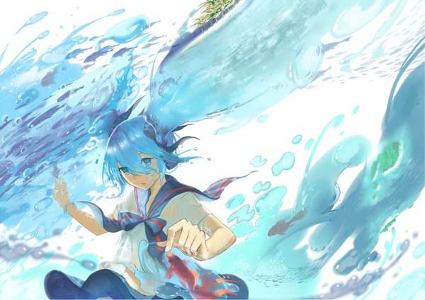 Anime picture 3724x2633 with vocaloid hatsune miku bottle miku single looking at viewer highres twintails absurdres very long hair aqua eyes aqua hair liquid hair girl skirt ribbon (ribbons) hair ribbon headphones bubble (bubbles) fish (fishes) sailor suit