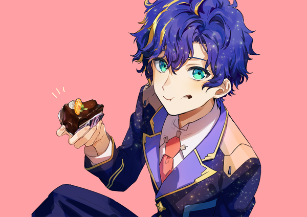 Anime picture 1228x868 with virtual youtuber holostars astel leda nokachoco114 single looking at viewer fringe short hair simple background hair between eyes blue hair multicolored hair aqua eyes from above streaked hair pink background eating chocolate on face boy necktie
