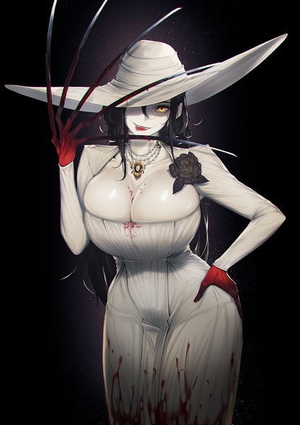 Anime-Bild 1200x1698 mit resident evil resident evil village alcina dimitrescu blueorca single long hair tall image looking at viewer fringe breasts light erotic black hair simple background smile hair between eyes large breasts standing yellow eyes payot cleavage