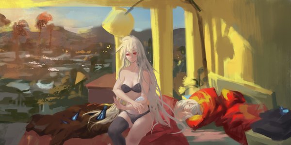 Anime picture 1600x800 with original pixiv fantasia pixiv fantasia t noodles (artist) long hair breasts light erotic red eyes wide image sitting holding sky white hair head tilt shadow sleeping morning sunrise albino girl