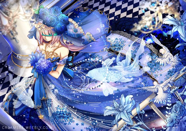 Anime picture 1100x777 with original creamsea single long hair blonde hair bare shoulders eyes closed girl dress flower (flowers) animal bird (birds) fish (fishes) bouquet wedding veil