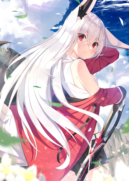 Anime picture 1072x1500 with original shiro youduki single long hair tall image looking at viewer blush fringe smile hair between eyes red eyes standing bare shoulders animal ears payot looking away sky silver hair cloud (clouds) outdoors